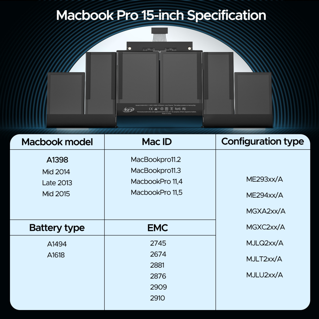 Batteria Sostitutiva Per MacBook Pro 15" Retina A1398 (A1417, A1494, A1618) - Ricambio Compatibile