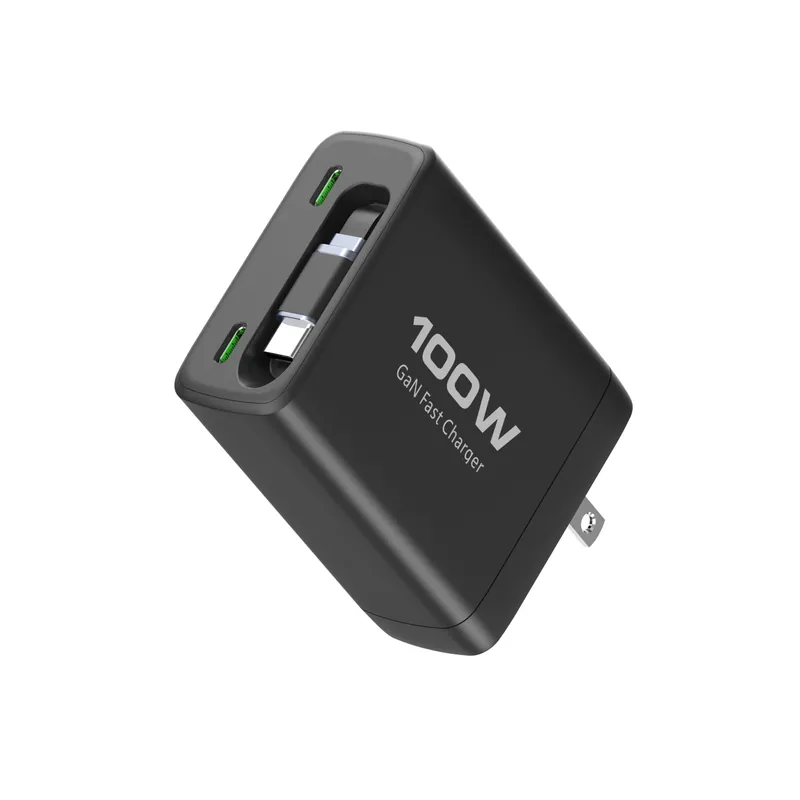 100W GaN Charger with Retractable USB-C Cable, USB-C + USB-A