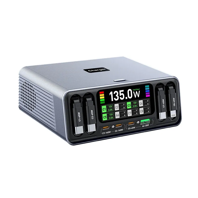 165W 8-Port GaN Charging Station with Display & Retractable Cables