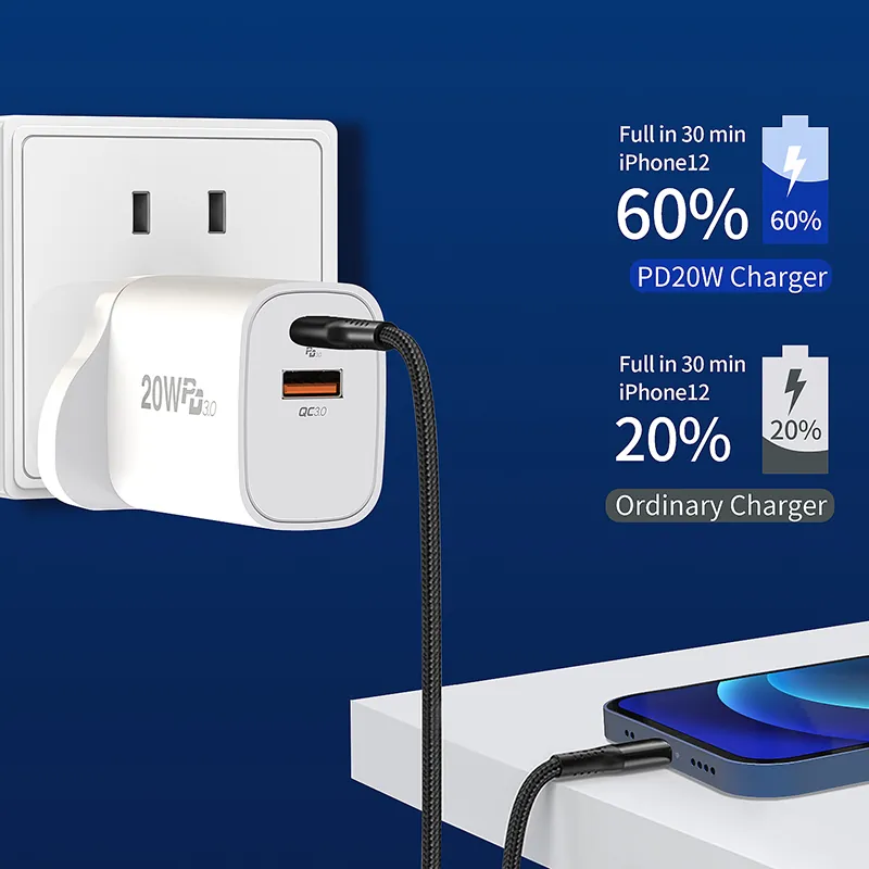 20W Dual-Port PD Charger, USB-C + USB-A, White