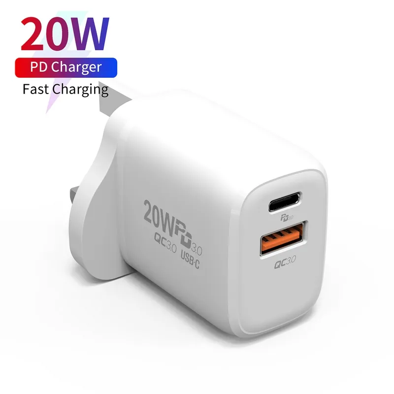 20W Dual-Port Wall Charger, USB-C + USB-A, UK 3-Pin