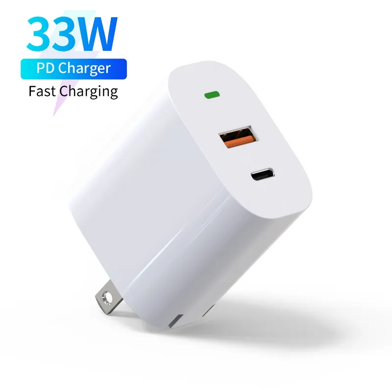33W PD Wall Charger with US Folding Plug, USB-C + USB-A