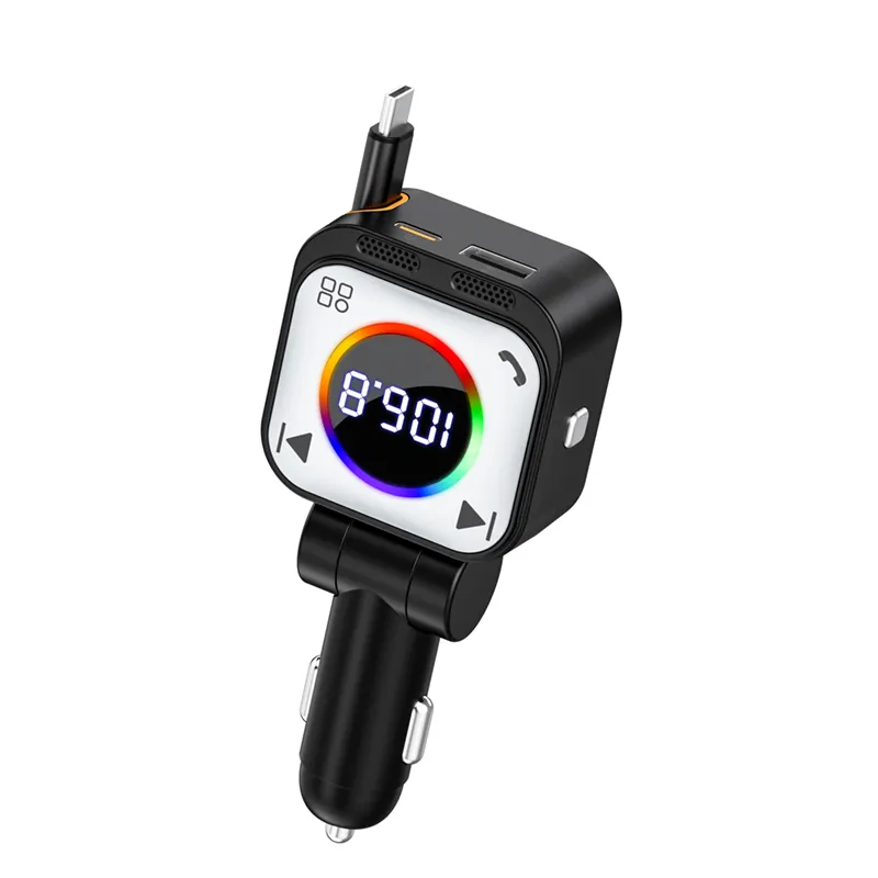 45W Bluetooth Car Charger with RGB Light Ring and Retractable Cable