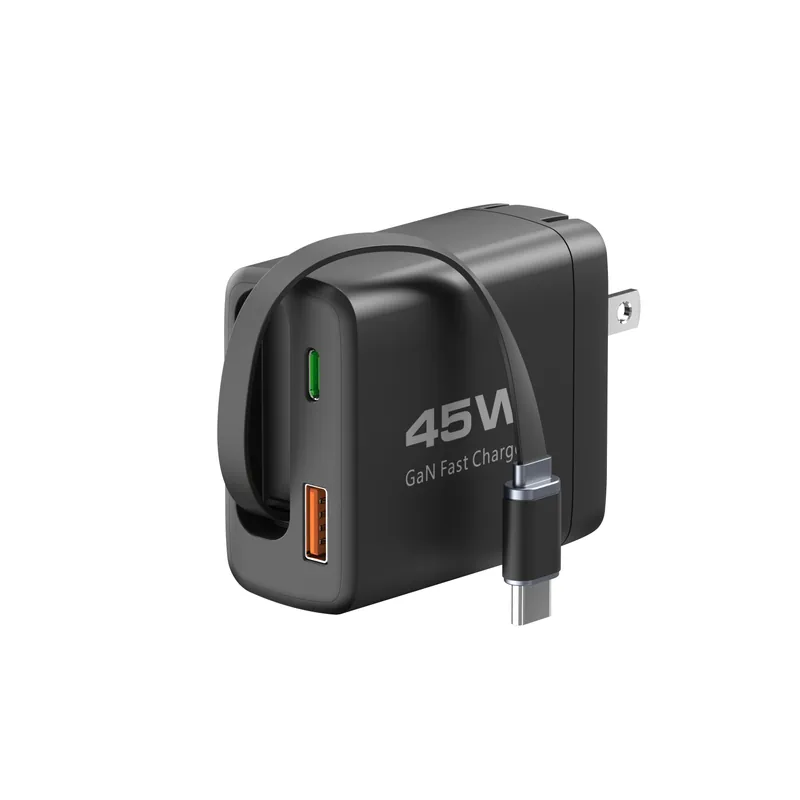 45W GaN Charger with Retractable USB-C Cable, USB-C + USB-A