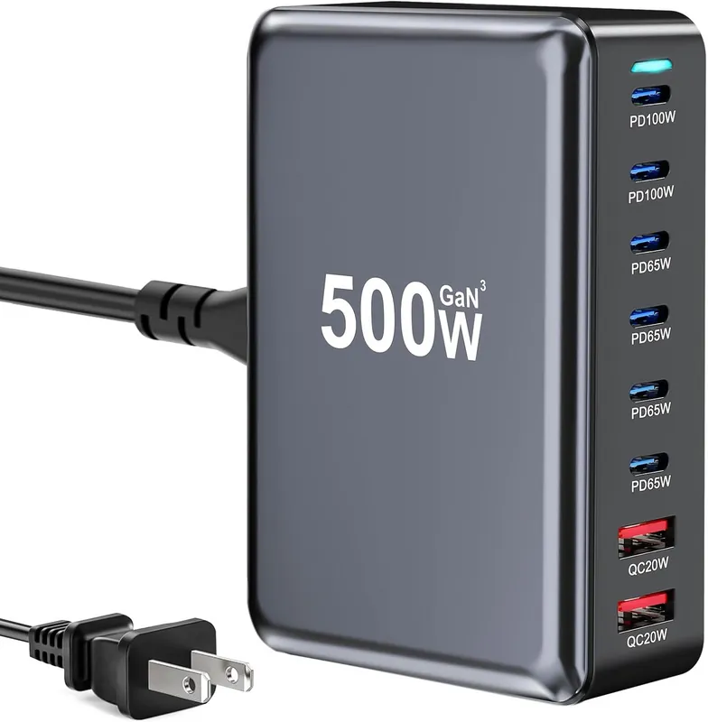 500W 8-Port GaN III Charging Station, 6× USB-C + 2× USB-A