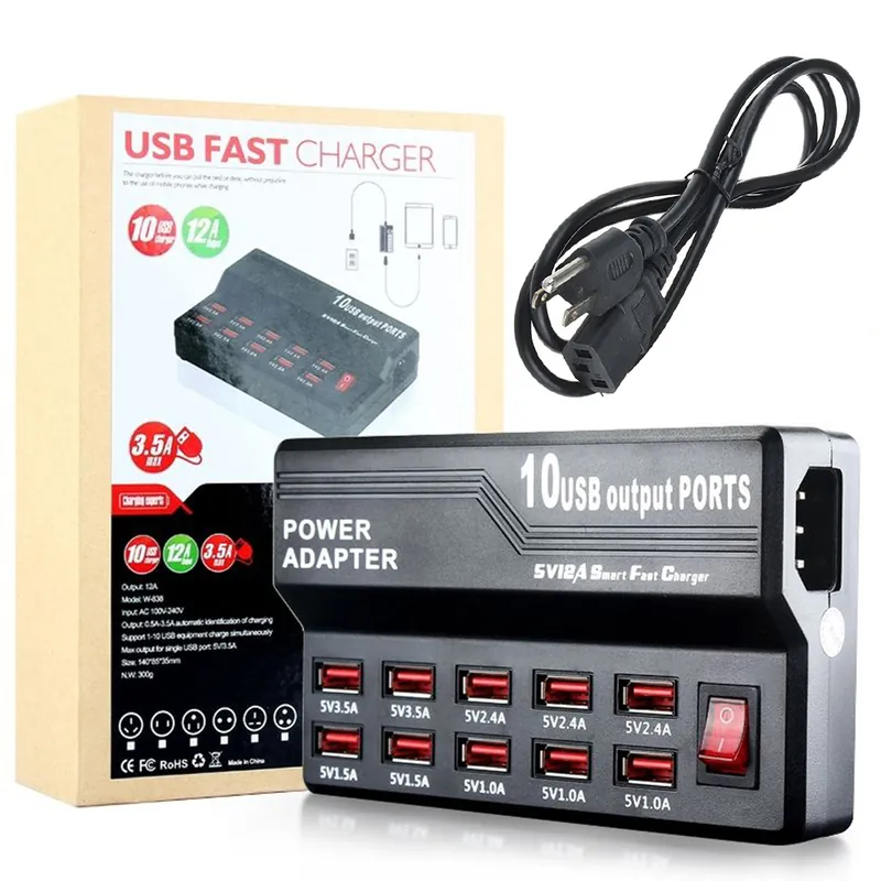 50W 10-Port USB-A Charging Station with Power Switch