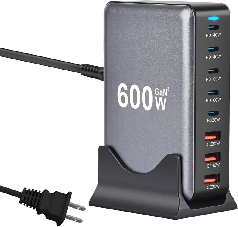 600W 8-Port GaN III Charging Station, 5× USB-C + 3× USB-A
