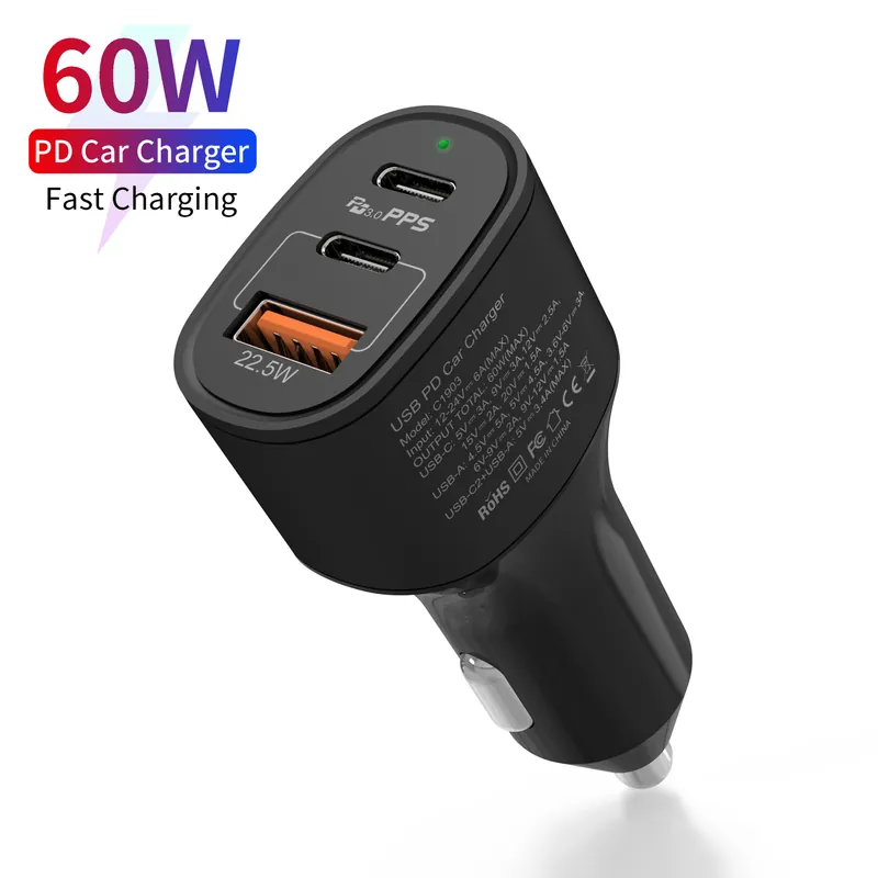60W 3-Port PD Car Charger, 2× USB-C + USB-A
