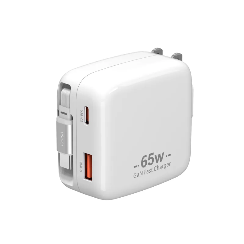 65W 3-in-1 GaN Charger with 27.5-Inch Retractable USB-C Cable