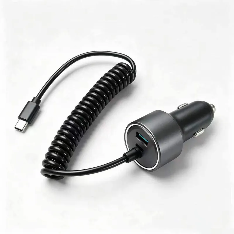 78W 3-Port Car Charger with Built-In Coiled USB-C Cable