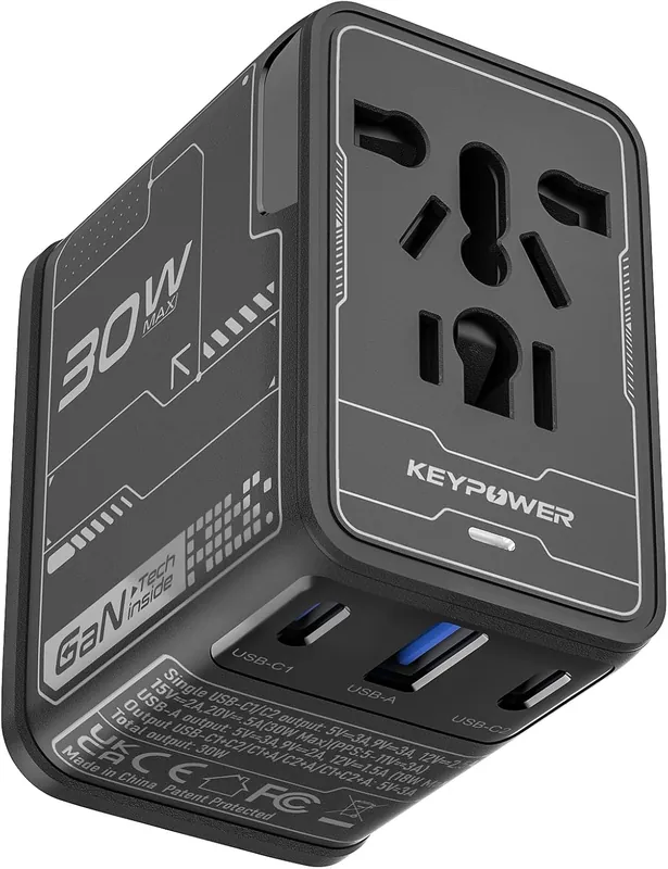 30W GaN Universal Travel Adapter, 2× USB-C + USB-A