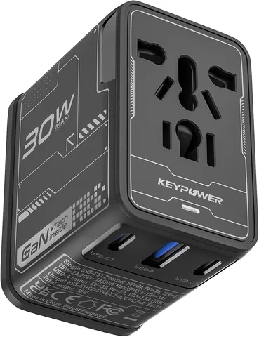 30W GaN Universal Travel Adapter, 2× USB-C + USB-A