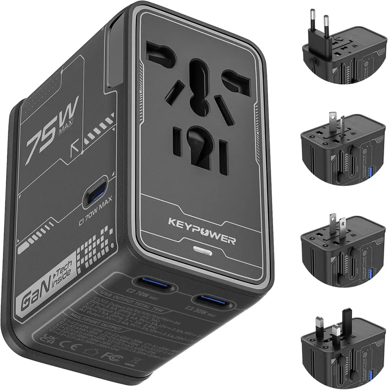 75W GaN Universal Travel Adapter, 3× USB-C + USB-A