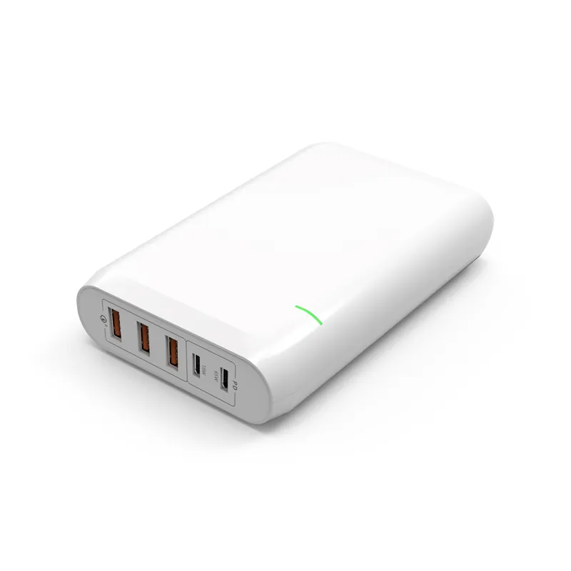 Portable 5-Port Desktop Charger, 2× USB-C + 3× USB-A